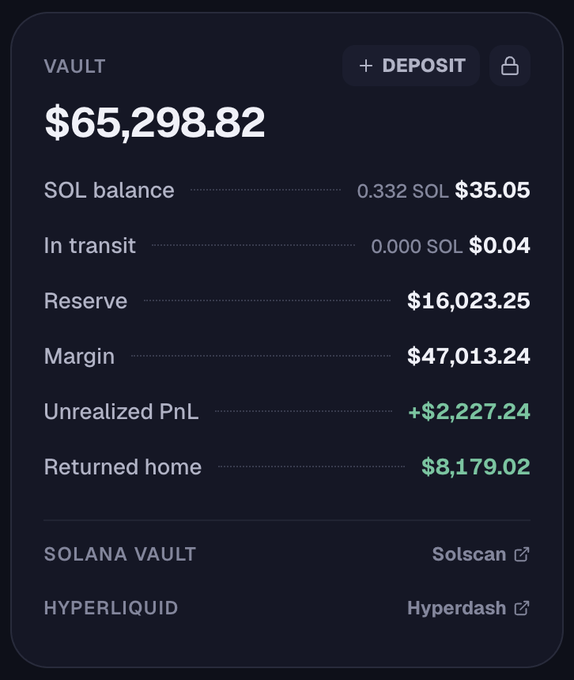 A cryptocurrency vault interface showing a total of $65,298.82, with breakdowns including 0.332 SOL ($35.05), reserve of $16,023.25, margin of $47,013.24, unrealized PnL of +$2,227.24, and returned home of $8,179.02.