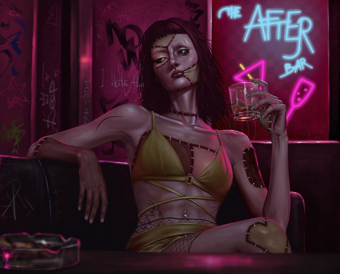 A digital illustration of a stitched, patchwork-like female character with short brown hair holding a drink in a neon-lit bar with 'THE AFTER BAR' written on the wall.