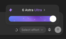 A dark UI panel shows a slider set to "6 Astra Ultra" with a purple-to-pink gradient track and a microphone icon alongside a "Select effort" dropdown, likely representing a high-tier AI coding mode. This reflects the post's urgent request to build the "best Solana game" with maximum effort and no mistakes, suggesting the user has cranked the AI assistant to its highest setting for the task.