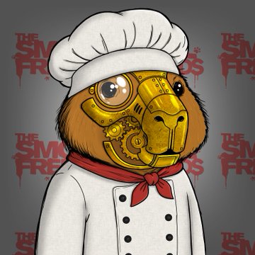 A cartoon capybara wearing a chef's hat and uniform with a red neckerchief, featuring a golden mechanical/steampunk-style face, set against a dark background with 'THE SM FRIENDS' logos.