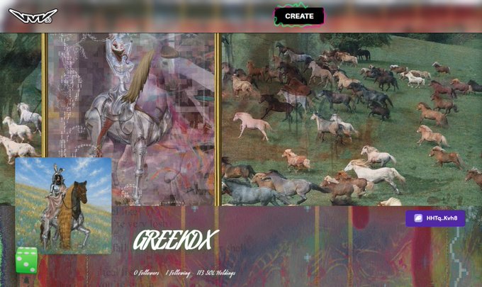 A digital art gallery page titled 'GREENOX' displaying various artworks, including paintings of horses and a surreal figure, with a 'CREATE' button at the top.