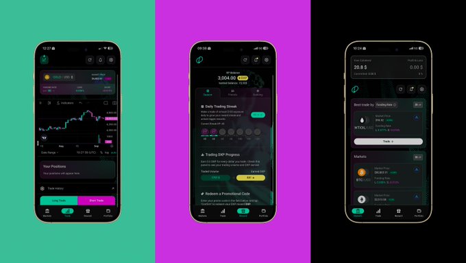 Three iPhone screens displaying a crypto trading app are shown against green, magenta, and black backgrounds, featuring a BTC chart, daily trading streams, and a market list with values like 20.8 and 0.003.