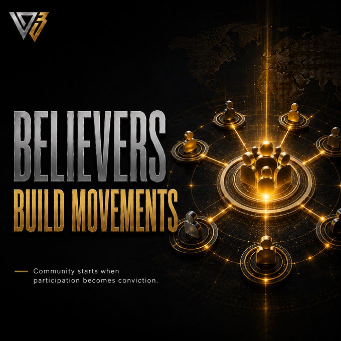 A bold promotional graphic featuring the text "BELIEVERS BUILD MOVEMENTS" alongside the tagline "Community starts when participation becomes conviction," illustrated with golden interconnected human figures radiating from a central hub over a faint world map—visually reinforcing the post's message that true Web3 community is forged by conviction, not mere count.