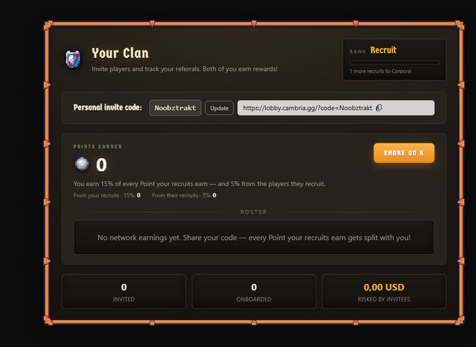 A 'Your Clan' dashboard interface shows a Recruit rank with 0 points earned, featuring the personal invite code 'Noobztrakt' and the link https://lobby.cambria.gg/?code=Noobztrakt.
