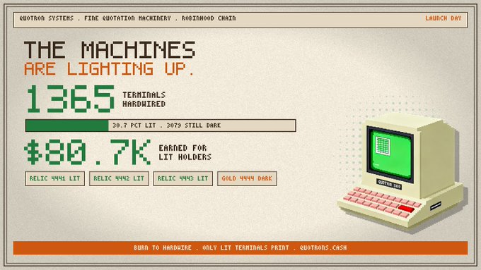 The image is a pixel-art style promotional graphic for "QUOTRON SYSTEMS" featuring a retro computer terminal and displaying key metrics: "1365 TERMINALS HARDWIRED" (30.7 PCT LIT, 3079 STILL DARK) and "$80.7K EARNED FOR LIT HOLDERS," along with tier buttons labeled "RELIC 4444 LIT," "RELIC 4442 LIT," "RELIC 4441 LIT," and "GOLD 4444 DARK." It visually reinforces the post's message about burning $QUOTRON tokens to hardwire terminals and earn tokenized stock dividends, highlighting that 1365 of 4444 terminals are lit while 3079 remain dark.