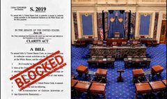 A presentation slide titled 'S. 2019' and 'S. 2013' about U.S. Peace and Security treaties, marked with a large red 'BLOCKED' stamp, shown alongside an image of a congressional hearing room.