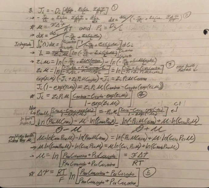 A handwritten page of advanced thermodynamics equations deriving chemical potential, osmotic pressure, and the Nernst equation, humorously captioned as showing that "meme coins become significantly easier" once you grasp the underlying math—mocking the idea that complex derivations are needed to understand speculative crypto trading.