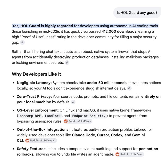 A chatbot response answering 'Is HOL Guard any good?' with a detailed explanation of the software's features and benefits for developers.