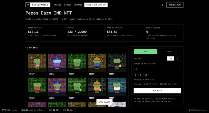 A Pepesarly website interface for 'Pepes Earn IMO NFT' displaying a price per NFT of $12.11, 233/2,000 minted, paid to holders $81.82, and a buy option with prices in ETH or IMO.