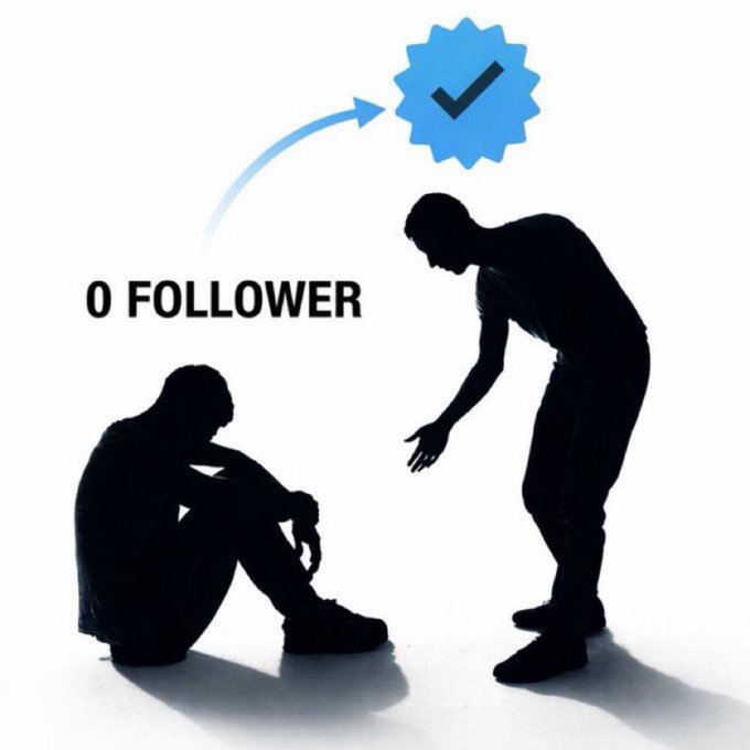 A silhouette of a hunched, lonely figure labeled "0 FOLLOWER" is being approached by another figure offering a blue verification checkmark, symbolizing the leap from obscurity to credibility. The image illustrates the post's message: simple, shareable advice spreads beyond the creator, transforming an account with zero followers into one that gains recognition, while overcomplicated "flexes" remain unseen and stagnant.
