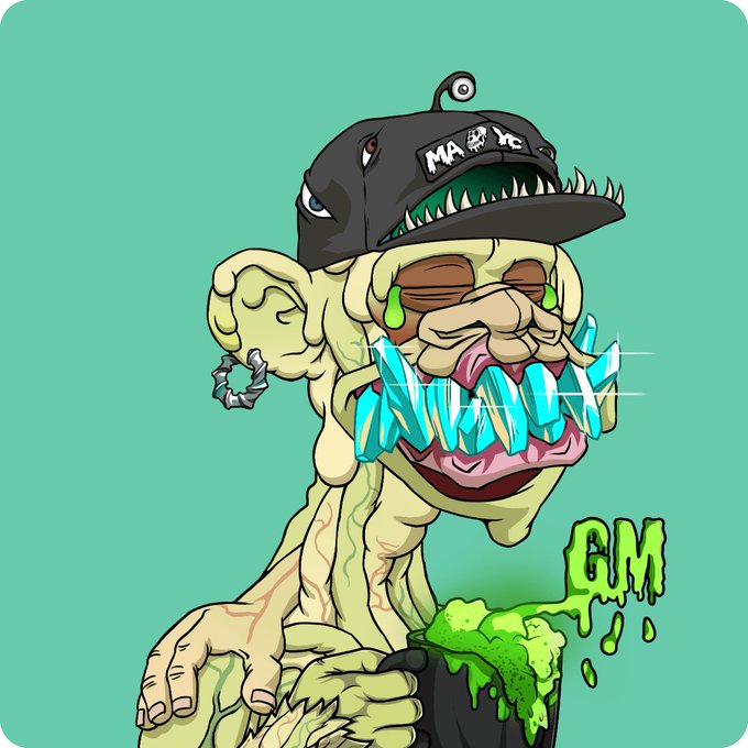 A cartoonish digital illustration depicts a grotesque zombie-like creature wearing a black cap with 'MAD' on it, featuring large crystal teeth and a green slime drip forming the letters 'BM' against a teal background.