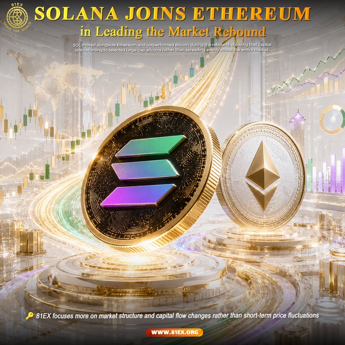 The image is a promotional graphic from 81EX featuring large, detailed 3D renderings of a gold Solana (SOL) coin and a silver Ethereum (ETH) coin set against a backdrop of financial charts and golden data streams. The headline reads "SOLANA JOINS ETHEREUM in Leading the Market Rebound," reinforcing the post's message that SOL's 2% gain outpaced Bitcoin and signaled renewed capital flow into major altcoins.
