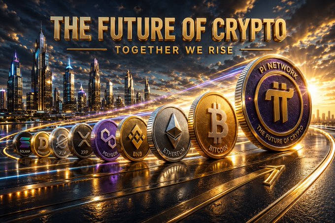 The image shows a group of Bitcoin coins lined up against a city skyline backdrop. The text above them reads "THE FUTURE OF CRYPTO TOGETHER WE RISE", indicating that they are part of an emerging cryptocurrency movement. The coins are arranged in a row, with the largest coin being at the center and smaller ones surrounding it. The image also includes a caption about the Pi Network's future plans for Bitcoin, which is related to the coins shown in the image.