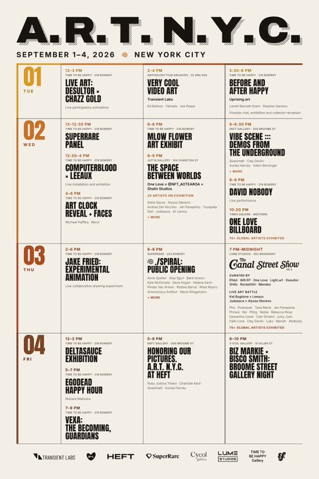 A schedule poster for 'A.R.T.N.Y.C. SEPTEMBER 1-4, 2026 @ NEW YORK CITY' listing daily events including LIVE ART: DESULTOR x CHAZZ GOLD, SUPERARE PANEL, COMPUTERBLOOD x LEERUX, and others.