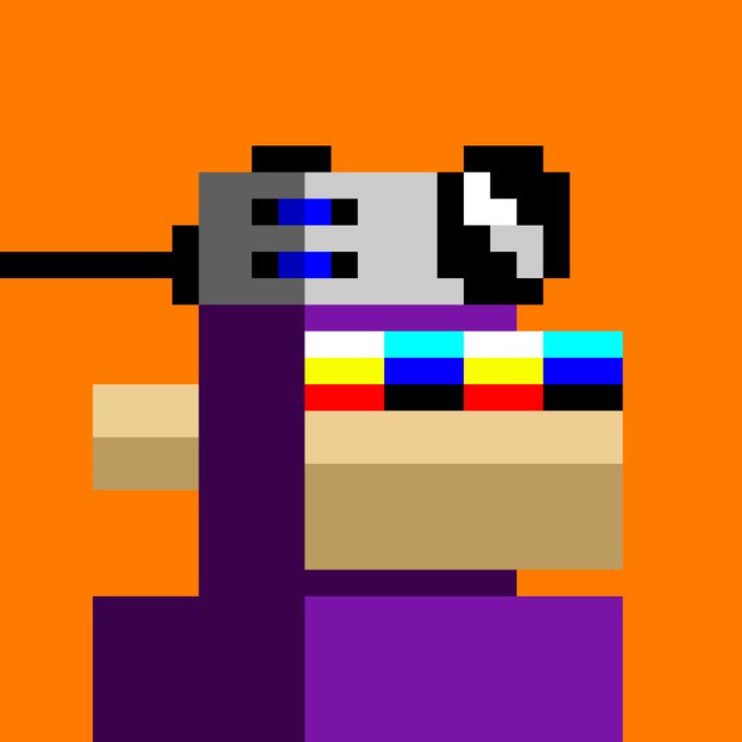 A pixel art style image depicts a figure with purple robes and a colorful sash wearing a VR headset against an orange background.