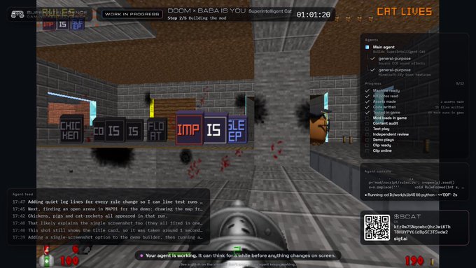 A screenshot from a Doom-style video game titled 'DOOM x BABA IS YOU SuperIntelligent Cat' shows a cat character in a maze-like room with floating text blocks reading 'IMP IS' and other rule elements. A side panel displays 'CAT LIVES' with various game options and agent logs.
