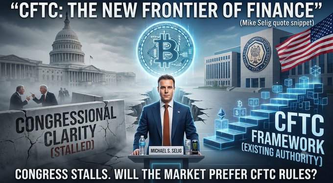 A thumbnail graphic titled 'CFTC: THE NEW FRONTIER OF FINANCE' featuring Michael S. Selig at a podium, with imagery of the US Capitol, the CFTC, and text noting 'Congressional Clarity [Stalled]' and 'CFTC Framework [Existing Authority]'.