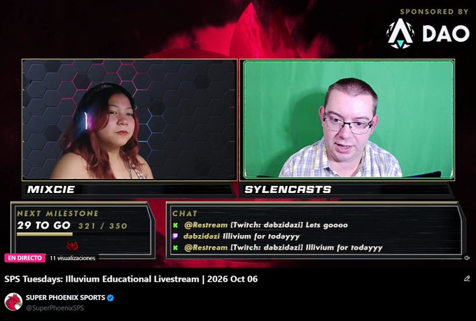 A screenshot of a Twitch livestream titled 'SPS Tuesdays: Illivium Educational Livestream | 2026 Oct 06' featuring two streamers, Mixcie and Sylencasts, in split screens.