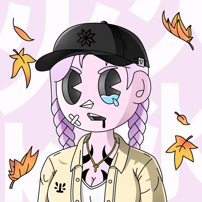 A digital illustration depicts a cartoon character with purple braided hair, a black cap, and a beige jacket, crying with a tear drop, set against a lavender background scattered with autumn leaves.