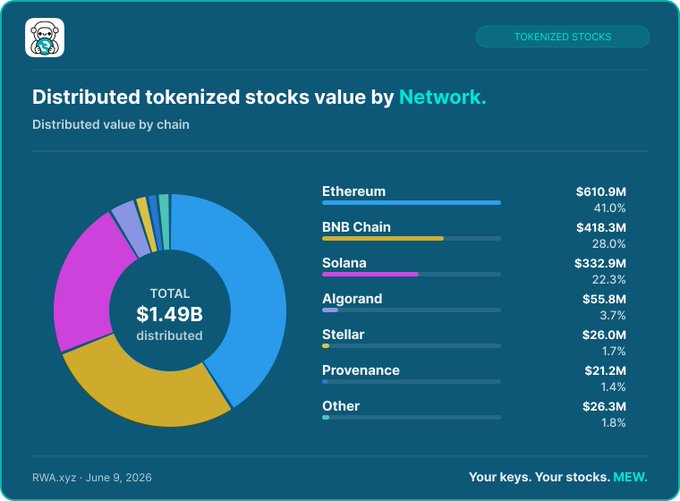 The image presents an infographic about distributed tokens' value by network, focusing on a pie chart depicting different chain names (BNB Chain, Solana, Algorand, Stellara) along with their respective values. The chart displays the total value of each chain and how the tokenized stocks are distributed across these chains. This graphic helps viewers understand the distribution and value of various tokens within networks or exchanges like BNB Chain, which is pulling serious weight in terms of capital assets holding power.