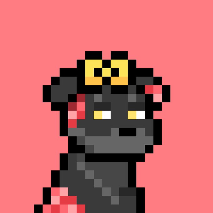 A pixel art character on a pink background featuring a black creature with yellow eyes wearing a small yellow crown and red accents.