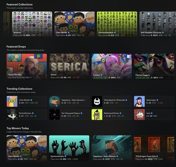 A screenshot of an NFT marketplace displaying featured collections, featured drops including 'I Saw The DNA' and 'SERICA', trending collections with various avatars, and top movers today. Prices are shown in ETH and USD.