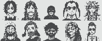 Black and white pixel art showing ten vertical tower or rocket-like structures arranged in two rows of five.