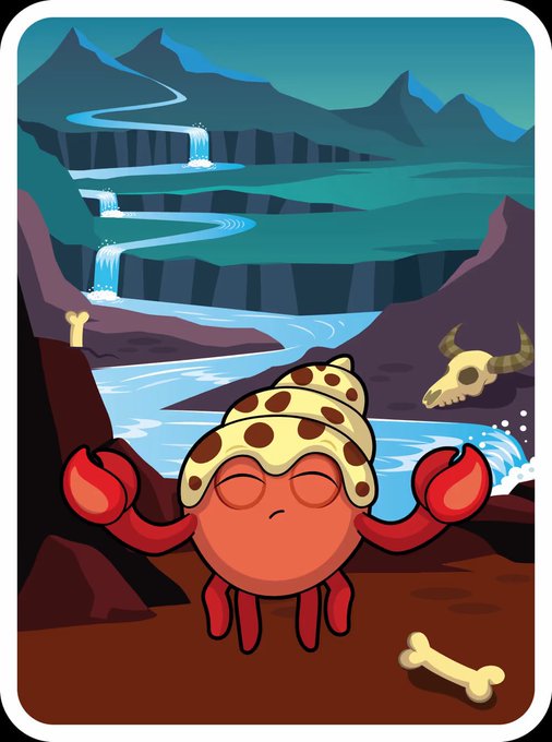 A cartoon illustration of a peaceful red crab wearing a cookie-patterned hat, sitting by a river with waterfalls and a horned skull in the background, with bones scattered around.