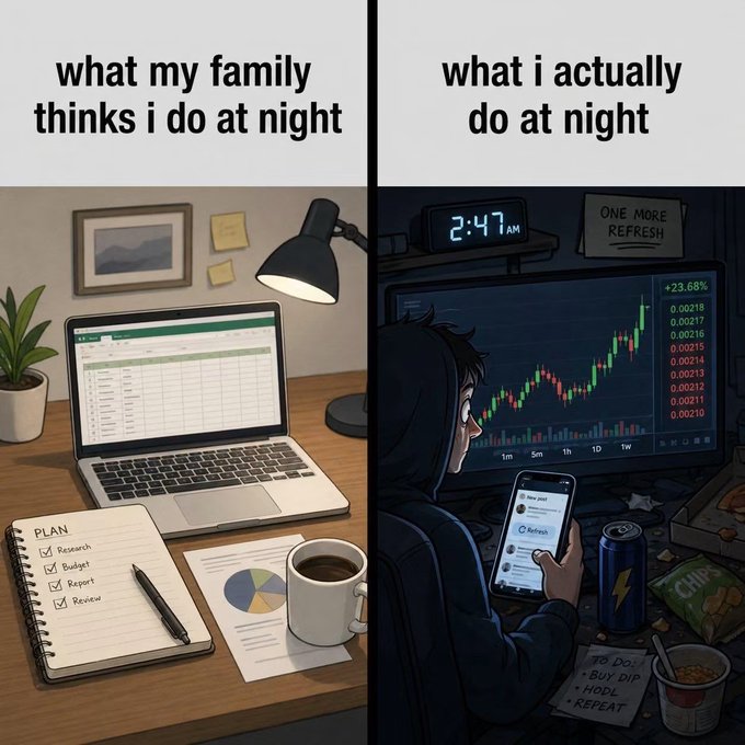 A split-panel meme contrasting 'what my family thinks i do at night' (showing organized spreadsheets and a planner) versus 'what i actually do at night' (showing someone at 2:47 AM refreshing stock charts and a phone, with notes to 'BUY DIP' and 'REPEAT').