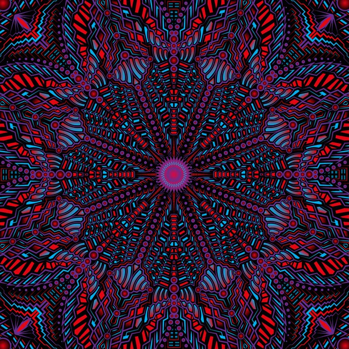 A vibrant, psychedelic mandala artwork titled "Crimson Nova" features a kaleidoscopic radial design bursting with bold red, blue, and purple geometric patterns emanating from a bright pink central star. The intricate symmetry and trippy aesthetic reflect the OE (on-chain edition) celebration, honoring three collectors on Minted for their support.
