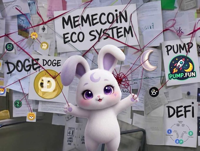 A white cartoon bunny stands before a wall of papers and crypto-themed signs reading “MEMECOIN ECO SYSTEM,” “DOGE DOGE,” “PUMP PUMP.FUN,” and “DEFI.”