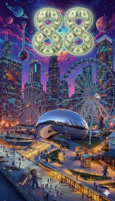 A vibrant, surreal digital illustration depicts a futuristic cityscape with a Ferris wheel, a reflective 'Bean'-like sculpture, and a giant money-patterned infinity symbol floating in a cosmic sky.