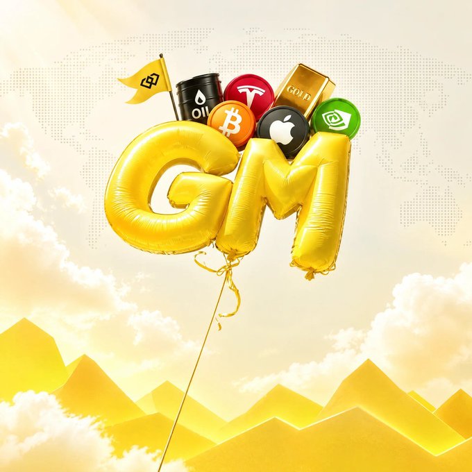 Illustration of golden balloon letters spelling 'GM' (good morning) against a cloudy sky with mountains, accompanied by circular icons for cryptocurrency and commodities including Oil, Tesla, Bitcoin, Apple, Nvidia, and Gold.