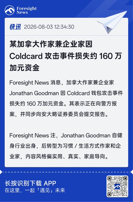 Foresight News article in Chinese dated 2026-08-03, reporting that Canadian writer and entrepreneur Jonathan Goodman lost approximately 1.6 million CAD due to a Coldcard wallet attack incident and is filing a police report.