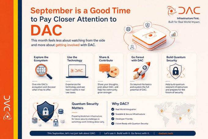 An infographic titled 'September is a Good Time to Pay Closer Attention to DAC' promotes the DAC platform, featuring sections like 'Explore the Ecosystem', 'Use the Technology', 'Share & Contribute', 'Go Farout with DAC', and 'Build Quantum Security', with the website 'dachain.tech' displayed at the bottom.