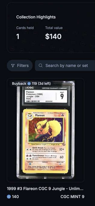 A screenshot of a digital card collection showing a CGC graded MINT 9 1999 Pokémon Flareon card from the Jungle set, listed with a Buyback value of 119 and a total collection value of $140.