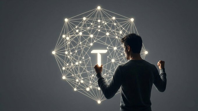 The image features a man standing against a gray background, holding up a letter "T" above his head. The letter "T" appears to be glowing with an ethereal light, creating a sense of connection or communication between the person and the digital world around them. This scene suggests that the man is actively engaging with technology or participating in a virtual event related to the letter "T".