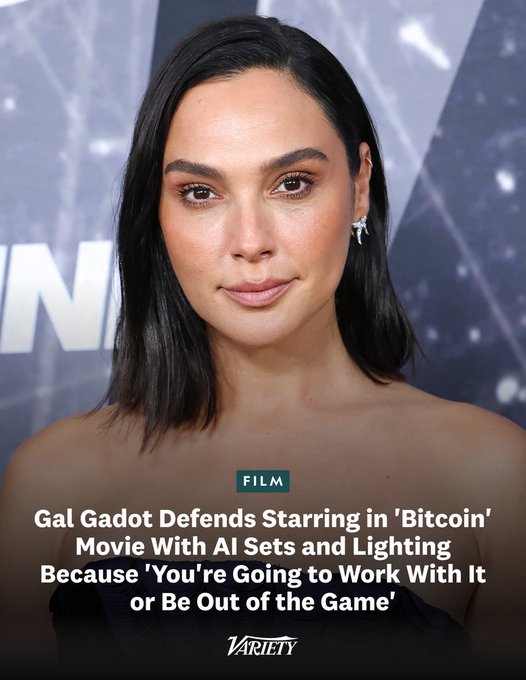 The image features a close-up of actress Gal Gadot with dark hair and natural makeup, overlaid with a Variety article headline reading "Gal Gadot Defends Starring in 'Bitcoin' Movie With AI Sets and Lighting Because 'You're Going to Work With It or Be Out of the Game.'"
