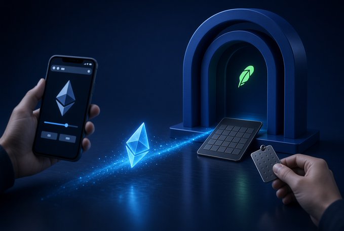 A stylized 3D illustration showing cryptocurrency transactions with a phone displaying an Ethereum logo, glowing blue diamond shapes, a hardware wallet, and a security key being held against a dark blue background.