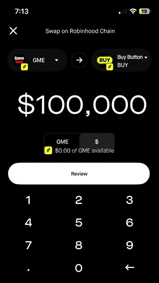 A Robinhood Chain swap screen showing a $100,000 transaction from GME to Buy Button (BUY), with $0.00 of GME available.