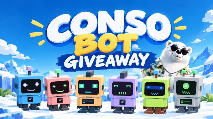 A promotional graphic titled 'CONSO BOT GIVEAWAY' featuring a row of colorful robot characters and a white bear in sunglasses against a bright blue sky with snowy mountains.