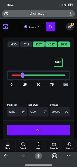 The image shows a mobile screenshot of the Shuffle.com gambling website displaying a betting interface with a multiplier of 1.2222x, a roll over of 19.00, and a chance of 81.0000%, along with a prominent purple "Bet" button. This relates to the giveaway post by showing the user's activity on Shuffle.com, likely demonstrating their betting winnings to support their $3 giveaway claim.