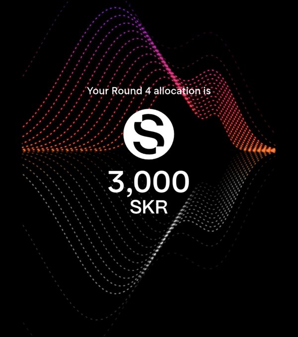 A notification stating 'Your Round 4 allocation is 3,000 SKR' displayed against a wave-like dotted graphic background.