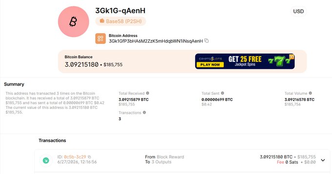 A Bitcoin block explorer page displays address "3Gk1G-qAenH" holding a balance of 3.09215180 BTC (≈$185,755), with all funds received from a single block reward transaction on 6/27/2026, illustrating the "just do things" mindset by showing a miner who set up, earned block rewards, and accumulated nearly $186K.