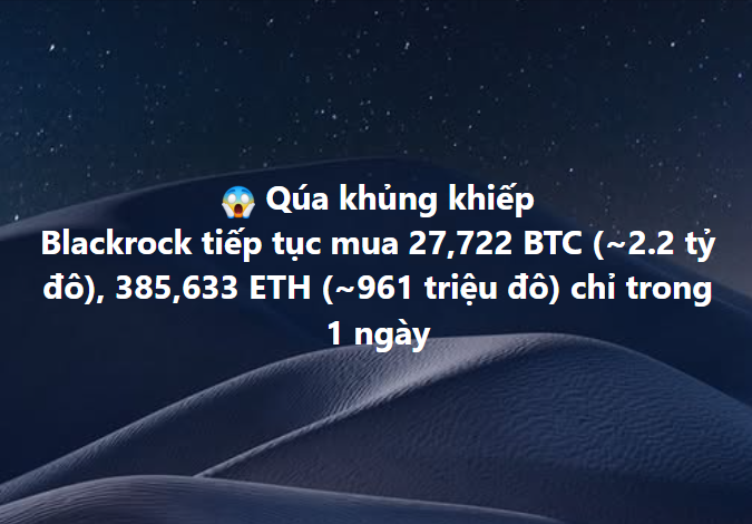 A Vietnamese text overlay on a dark blue wavy background stating: 'Quá khủng khiếp - Blackrock tiếp tục mua 27,722 BTC (~2.2 tỷ đô), 385,633 ETH (~961 triệu đô) chỉ trong 1 ngày', reporting BlackRock's massive crypto purchases.