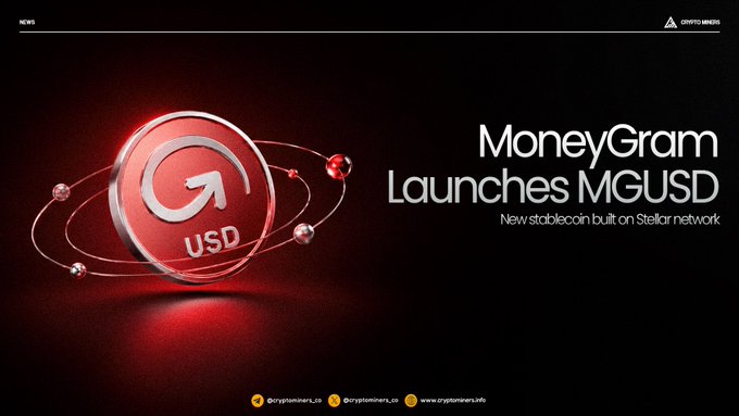 The image features a promotional poster for MoneyGram's new stablecoin, which is designed to integrate with the company's global remittance and payments network. The poster displays a red circle with an arrow pointing upwards, symbolizing the launch of the new stablecoin. The text on the poster announces that "MoneyGram launches MGUSD" and provides details about the new stablecoin, including its purpose for supporting cross-border transfers and cash-to-crypto access.