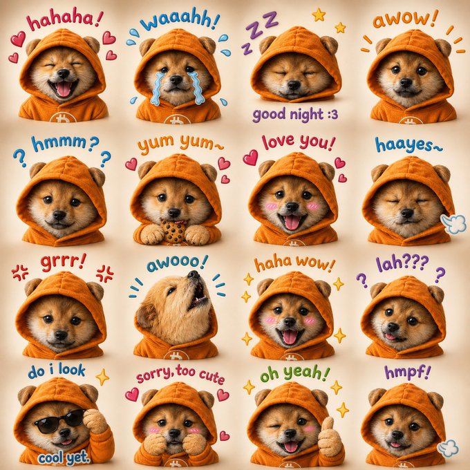The image features a collection of twelve adorable dog illustrations, each wearing an orange hoodie with various expressions and emotions written above them. The dogs are arranged in two rows, with four dogs in each row. The first row includes a dog with a big smile on its face, another dog with a sad expression, one dog making a funny face, and the last dog giving a thumbs up. The second row features a dog with a surprised look, another dog with a happy expression, and two dogs wearing sunglasses.
