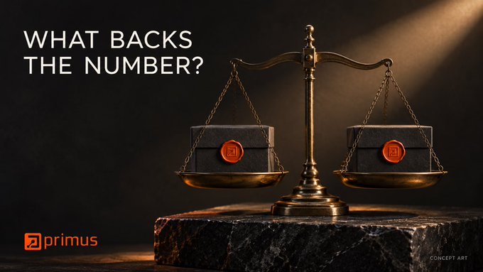 A concept art image showing a brass balance scale weighing two black boxes sealed with red wax, with text asking "WHAT BACKS THE NUMBER?" and a "primus" logo.