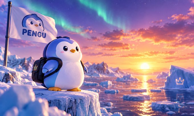 A 3D-rendered cartoon penguin character wearing a backpack stands on ice beneath a 'PENGU' flag, with a sunset and northern lights illuminating the arctic scene.