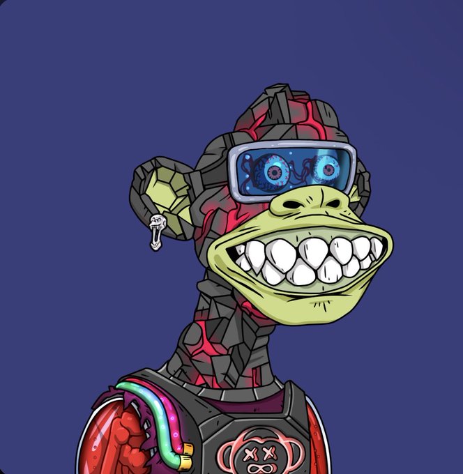 A digital illustration of an anthropomorphic monkey or ape character wearing sci-fi goggles with multiple eyes and a robotic suit, featuring a skull earring.